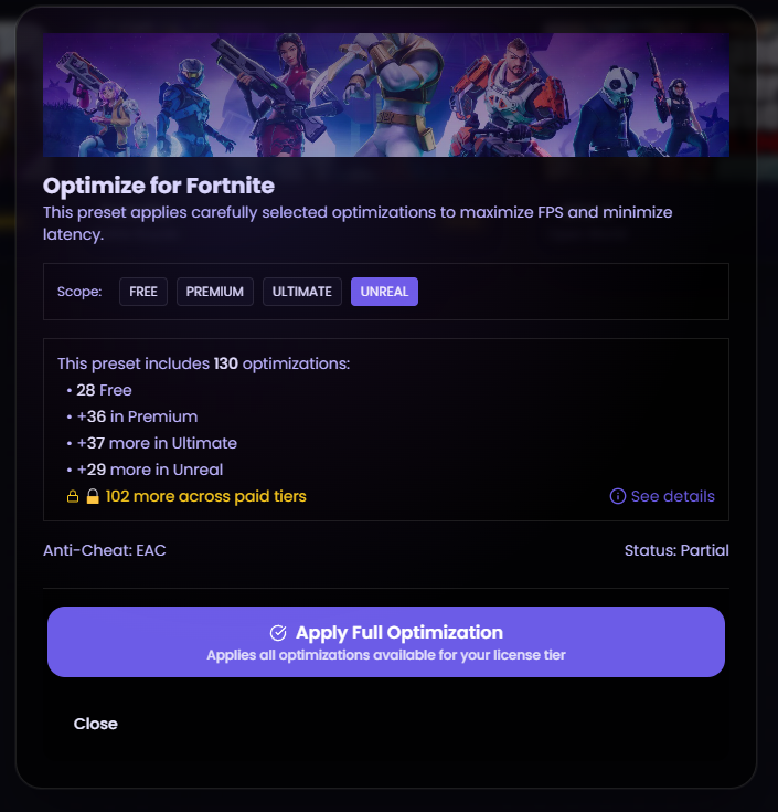FPS Presets interface