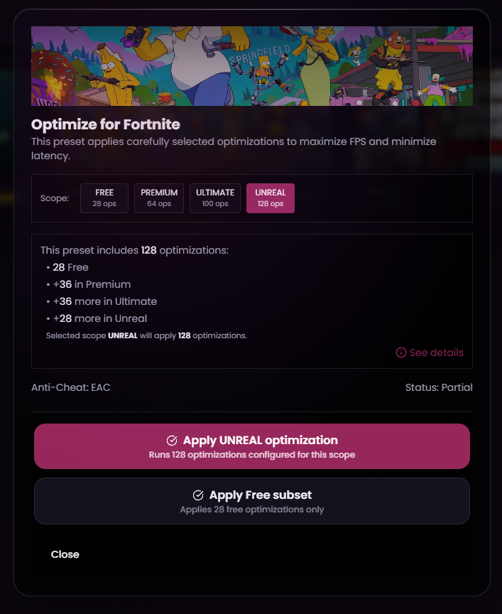 FPS Presets interface